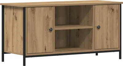 A TV stand with two doors and two open shelves in the middle.