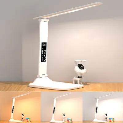 Produktbild von LED Schreibtischlampe mit 3000-6500K Dimmbar Augenfreundliche Tischlampe Nachttischlampe mit Uhr, Kalender & Temperaturanzeige, Klappbare, Kabellos