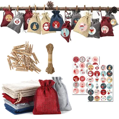 Adventskalender zum Befüllen, 24 Stoffbeutel mit Holzklammern