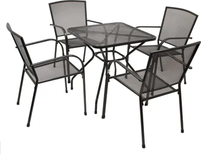 A black metal garden furniture set consisting of a square table and four chairs, presented on a white background.