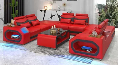 Produktbild von Design Wohnlandschaft Großes Sofa XXL U Form Ecksofa Ledersofa Rot LED