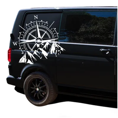 Produktbild von Auto Aufkleber Set „Kompass & Berge“ 60x56 cm – Outdoor Berg Motiv Fahrzeug Sticker Wetterfest - KX072-01 Kompass Weiß + KX073-01 Berge Weiß