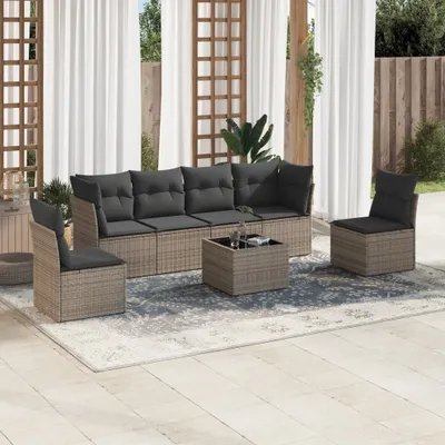 Produktbild von Design 7-tlg. Garten-Sofagarnitur mit Kissen Grau Poly Rattan, Gartenmöbel-Sets 2024 Neu
