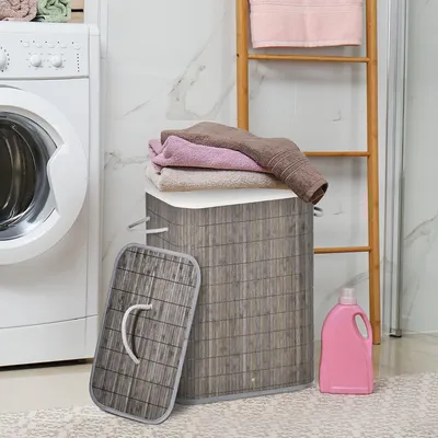 Produktbild von Rattan-Optik, Wäschekorb mit Deckel und Griffen, herausnehmbarer Wäschesack, Grau | Bambus & Metall | 43 L | 43 x 32 x 61 cm