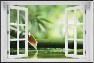Produktbild von Wallario Wandbild mit Fenster-Illusion: Bambusquelle  Bambusrohr mit Wasser, Größe: 61 x 91,5 cm, Poster mit schwarzem Aluminiumrahmen