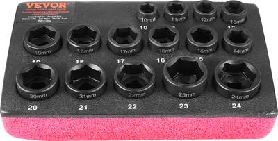 Produktbild von VEVOR Schlagsteckschlüsselsatz 9,5 mm Antrieb, 15-teiliger Steckschlüsselsatz metrisch 10–24 mm, Cr-Mo-Legierungsstahl für Autoreparatur, leicht lesbare Größenmarkierungen robuste Konstruktion