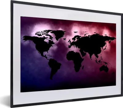 Produktbild von MuchoWow® MuchoWow® Gerahmtes Poster Weltkarte - Schwarz - Rosa 60x40 cm - Poster mit zchwarzem Bilderrahmen - Schlafzimmer - Plakat in Rahmen - Drucken