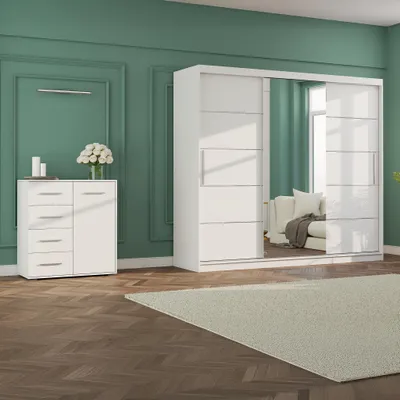 Obrázek produktu pro Šatní skříň s posuvnými dveřmi 250 cm Alba v bílé/bílé barvě se zrcadlem, včetně komody Frida 90 cm