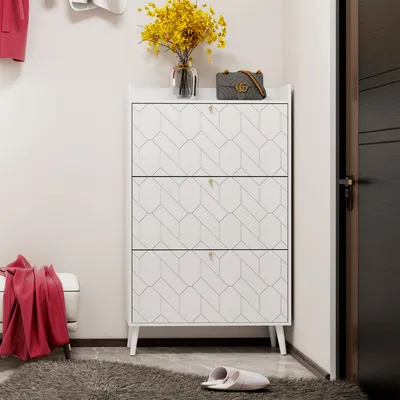 Immagine prodotto di Scarpiera AIORBER, con 3 cassetti, doppi ripiani, piedini in pino, stabile, molto spazio, protezione antiribaltamento, per corridoi, 80x24x133cm, bianco