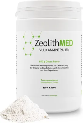 A white container of Zeolith MED Detox Pulver with a pile of powder in the foreground.