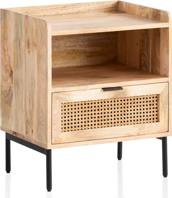 Produktbild von Nachtkonsole Mango Massivholz / Rattan 50x60x40 cm Nachttisch Braun, Nachtkommode Boxspringbett mit Schublade Wiener Geflecht, Nachtkästchen mit Stauraum & Metallgestell