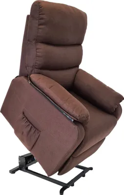 A brown recliner chair with an electric lift and recline function is shown against a white background.
