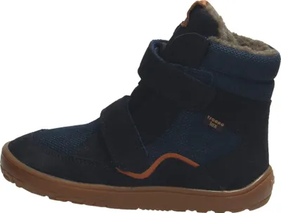A single blue boot with brown soles and orange accents is shown against a white background.