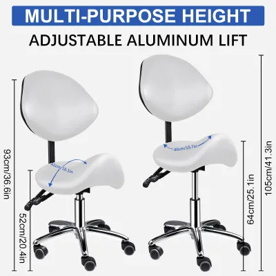 Image de Tabouret de coiffeur ergonomique - Tabouret de salon/coiffeur - Réglable en hauteur - À roulettes - Avec dossier - Pour salons, coiffeurs et spas - Blanc