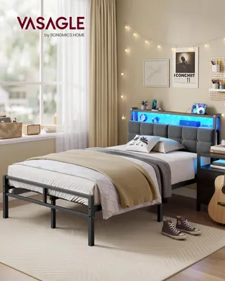Produktbild von VASAGLE Metallbett 120 x 200 cm mit LED-Beleuchtung, Steckdosen und Stauraum Schwarz