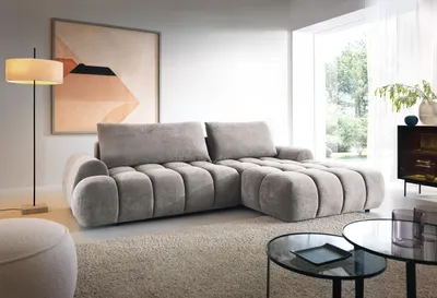 Produktbild von Ecksofa 280 cm Valerio mit Bettkasten und Schlaffunktion - Rechts, Ecksofa L-Form, Schaumstoff (Hellgrau - Gobi 16)