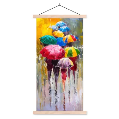 Produktbild von MuchoWow® Textilposter Gemälde - Regenschirm - Öl 60x120 cm mit holzfarbenen Rahmen - Holz