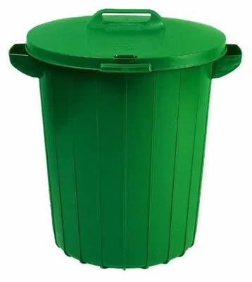 A green trash can with a lid, shown against a white background.