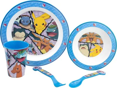 Produktbild von Pokemon Pikachu Kinder 5 teiliges Set Teller und Schüssel Becher Gabel Löffel