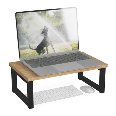 Produktbild von Relaxdays Monitorständer, Bildschirmerhöhung für Schreibtisch, HxBxT: 15 x 40 x 23 cm, Industrial Design, natur/schwarz