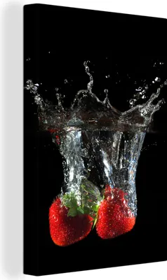 Produktbild von OneMillionCanvasses® - Leinwandbilder - 90x140 cm, Erdbeeren - Obst - Wasser - Schwarz - Rot, Wandbilder Kunstdruck Wanddekoration - Foto auf Leinwand - Gemälde auf Holzrahmen  - Wandschmucke - Schlafzimmer