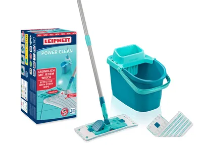 A Leifheit Powerclean mop set including a mop, bucket with press, and two microfiber cloths, displayed against a white background.