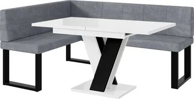 Produktbild von MEBLINI Eckbank für Esszimmer mit ausziehbarem Tisch - Küchenbank - Essecke - Sitzecke Küche - PETER - U-Beine 128x168x87cm Links - Grau Samt/M Weiß-Schwarz Hochgl.