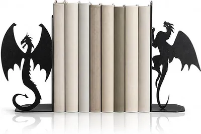 Produktbild von PolkaHome® 2er Set Metall Buchstützen Drachenform, Deko Buchhalter für Bücherregal, rutschfest, matt schwarz
