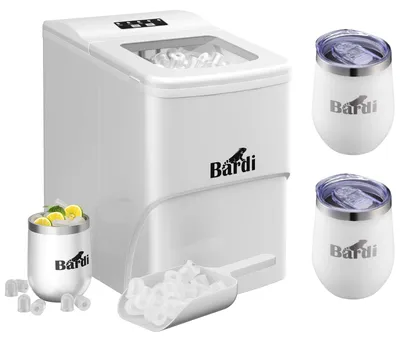 Produktbild von s Komplettset mit 3 doppelwandigen Bardi Edelstahl-Thermosbechern – Kaffeetassen – Bardi Deluxe Eiswürfelmaschine 2L – Eiswürfelbereiter inklusive Luxus-Thermosbecher und Eisschaufel – 9 Eiswürfel in 8 Minuten – WEISS