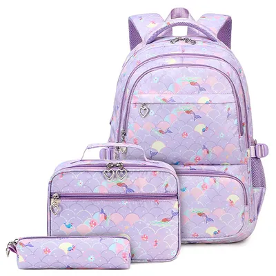 Produktbild von Schulrucksack 3-teilig für Mädchen | Ergonomisch, Wasserabweisend, mit Lunch-Tasche & Federmäppchen