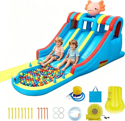 Zdjęcie produktu dla Nadmuchiwany zamek z trampoliną i zjeżdżalnią wodną - model 26002 - podwójna zjeżdżalnia - brodzik z zjeżdżalnią - wytrzymała tkanina Oxford - zawiera dmuchawę - dla dzieci w wieku 6–12 lat