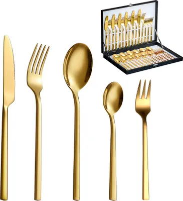 Produktbild von Velaze 30-teiliges Besteckset aus Edelstahl, 18/10 Premium-Besteck für 6 Personen, inklusive Esslöffel, Essgabel, Essmesser, Esslöffel und Teelöffel, spiegelpoliertes Design(Gold)
