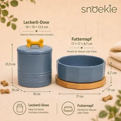 Productafbeelding van Keramische Voerbakset met Houten Onderzetter en Traktatiedoos