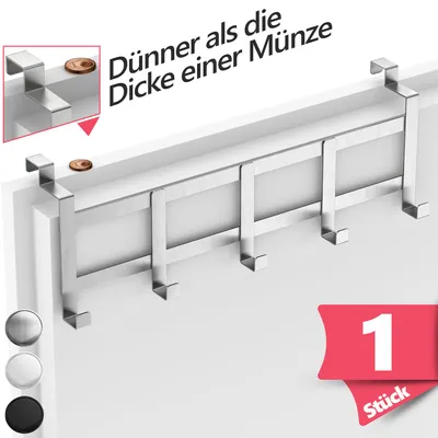 Produktbild von Lindenstein Türgarderobe zum Einhängen, Edelstahl, Silber -  Türgarderobe Innenseite mit 5 Haken, Türhakenleiste für die Rückseite, hohe Tragkraft