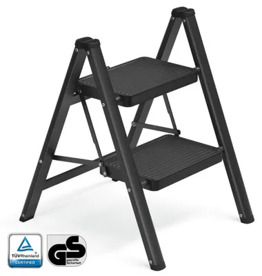 Immagine prodotto di Scala a due gradini pieghevole in acciaio, portata 150 kg, colore nero, dimensioni 43,4 x 55 x 61,8 cm