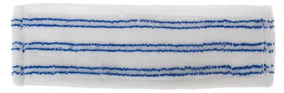 A close-up, top-down view of a white mop head with blue stripes.