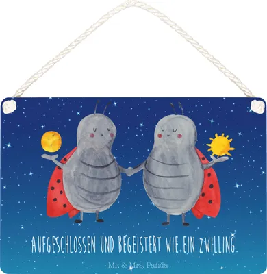 Produktbild von Mr. & Mrs. Panda Schild Sternzeichen Zwilling DIN A6 - Sternenhimmel Blau - Geschenk, Glückskäfer, Marienkäfer, Türschild, Holzschild, wandtafel, Zwillingsschwester