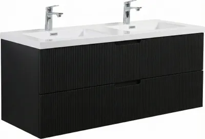 Produktbild von Badplaats Badmöbel Set mit Waschbecken und Unterschrank Thermis 120 x 48 cm Schwarz Matt - Waschbeckenunterschrank mit Soft-Close und Doppelwaschbecken, Vorgemontiert