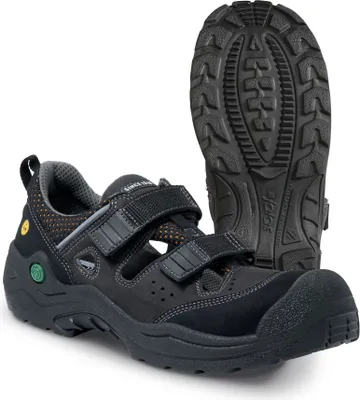 A pair of black safety sandals shown from a slightly elevated side angle, with the sole of one sandal prominently displayed.