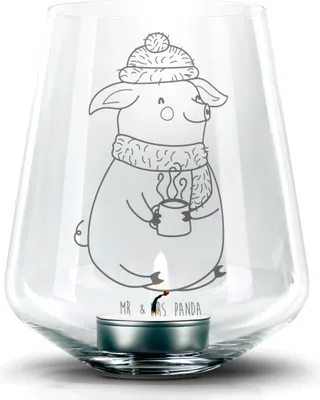 Produktbild von Mr. & Mrs. Panda Laterne Schwein Glühwein - Transparent - Geschenk, Weihnachten, Punsch, Glühschwein, Stumpenkerzenhalter, Windlicht Glas, Weihnachtsmarkt, Teelichthalter