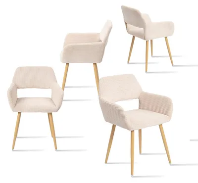 4er-Set Esszimmerstühle, Cord, hellbeige, mit Armlehnen