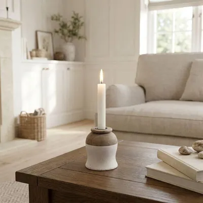 Produktbild von Kerzenständer, Holz, braun-weiße, Klein, bauchig