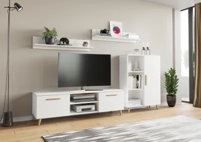 Produktbild von Wohnwand Oslo Per La Vita Weiß, Schrankwand Wohnzimmer Modern, Wohnzimmerschrank mit Hängeschrank, Sideboard und Wandregal, Wohnzimmer