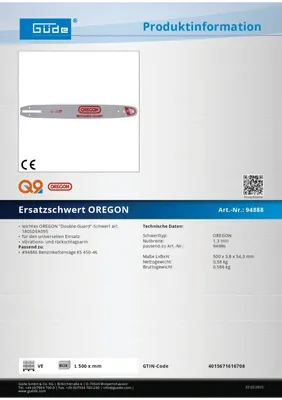 Schwert Oregon Double-Guard 50 cm Führungsschiene Ersatzschwert Kettenführung Schwert für Kettensäge Motorsägen Ersatzschwert 262117 94888 4015671616708 Stabilo-Fachmarkt.de