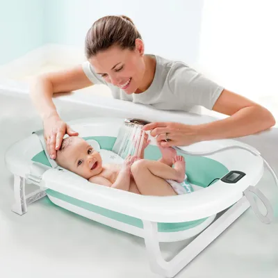 Produktbild von Baby Badewanne Faltbar mit Thermometer und Kissen Babybadewanne 80 cm Grün