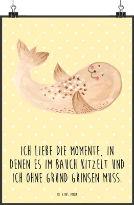 Produktbild von Mr. & Mrs. Panda Bild Robbe Liegen DIN A2 - Gelb Pastell - Geschenk, drucke, Wanddeko, Nordsee, Lustige Sprüche, Meerestier, Plakat, Ostsee, Strand, Wandbild, Robben