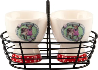 Produktbild von 2er Set Keramik Eierbecher weiß bemalt Design Reh Eier Becher + Metallkörbchen