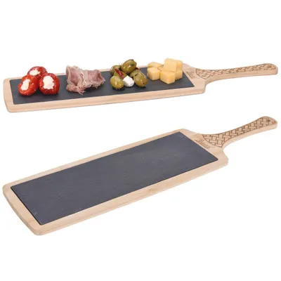 Produktbild von Excellent Houseware Servierbrett Serviertablett aus Bambusholz mit Natursteinplatte für TAPAS Snacks Vorspeisen