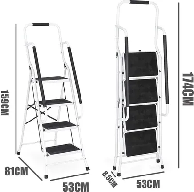 Immagine prodotto di Scala a pioli pieghevole - 4 gradini con corrimano - Pieghevole - Telaio in acciaio - Gradini antiscivolo - Portata 150 kg - Per uso interno/esterno