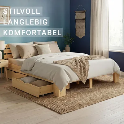 Produktbild von Homestyle4u Holzbett 140x200 mit Lattenrost mit Bettkasten mit Stauraum mit Bettkasten mit Stauraum mit 2 Schubladen Natur Doppelbett